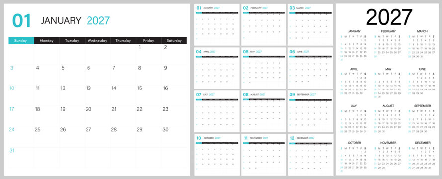 Calendar 2027 template modern vector design | Monthly planner calendar with 12-month yearly organizer | 2027 calendar diagram for wall, desk, web, office
