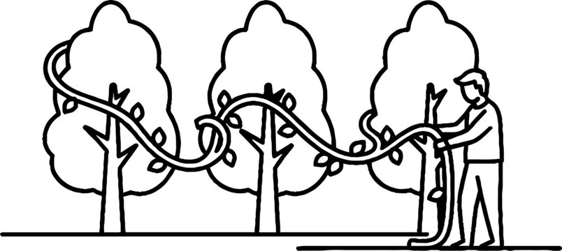 Gardener training young trees with support wires outdoors.