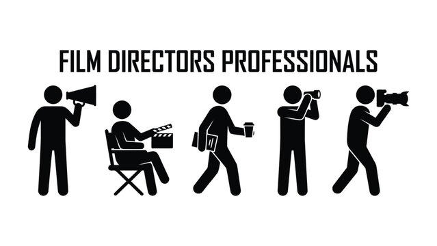 Black stick figure of directors and crew members cinema production