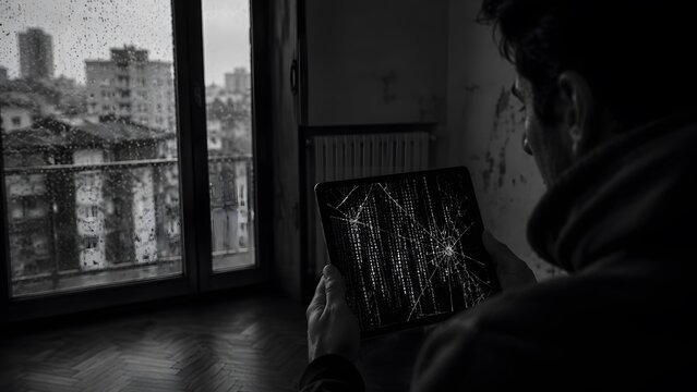 Man with Broken Tablet Showing Digital Code on Rainy City Day