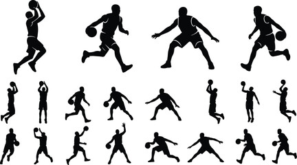 Vector silhouettes of basketball players in various action poses including dribbling, shooting, defending, and jumping isolated on a white background © ABU