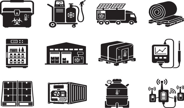 Collection of representing cold chain logistics and temperature monitoring equipment biohazard cooler