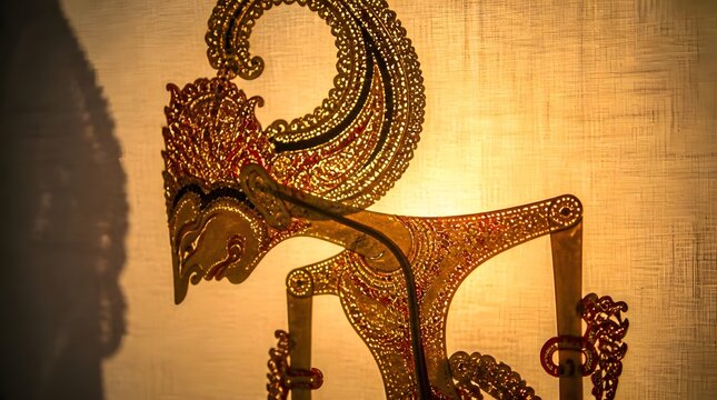 Traditional Indonesian wayang kulit shadow puppet character against a warm lit background.