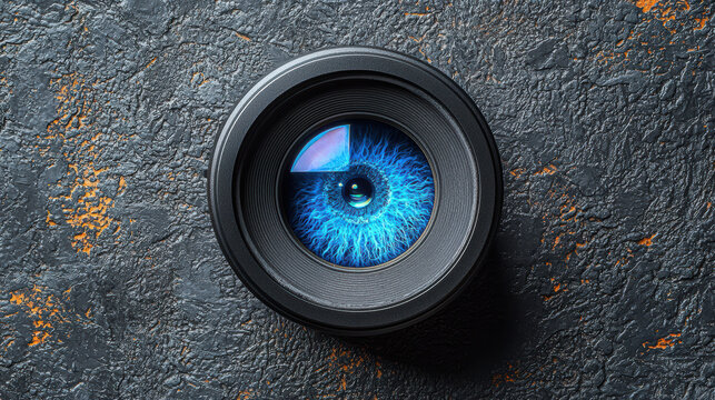 An abstract macro shot captures a stylized blue eye reflected in the lens of a camera set against a textured dark background with subtle artistic accents beautifully.