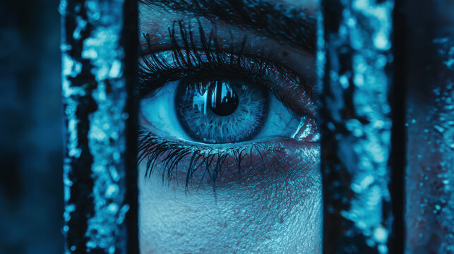 A piercing blue eye stares intensely through cold, metallic bars, conveying feelings of imprisonment, confinement, and a desperate longing for freedom and release.