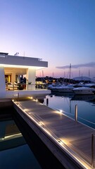 Fototapeta premium Modern Luxury Yacht Marina at Dusk with Illuminated Dock.