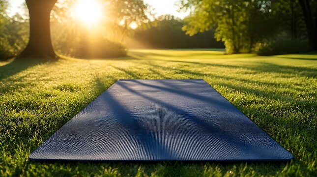 Yoga mat on green grass at sunrise.