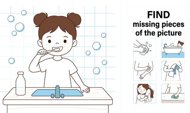 Find missing pieces of the picture educational game worksheet for kids with cute girl brushing teeth and hygiene daily routine vector illustration