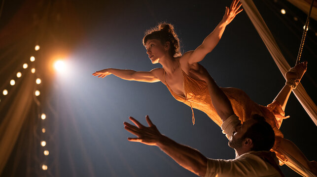 Thrilling Circus Acrobatic Performance: A Dramatic and Graceful Aerial Silks Exhibition