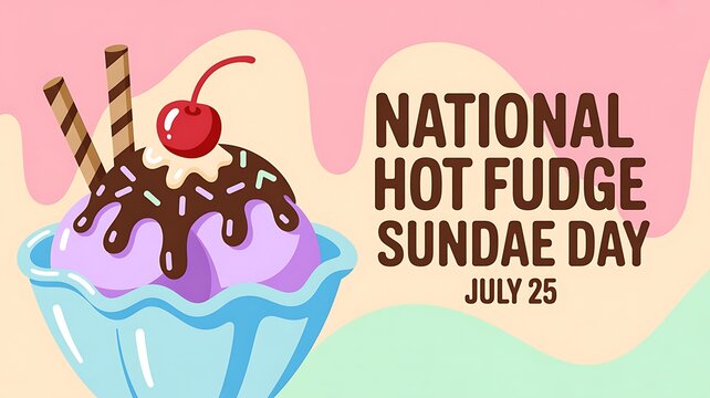 National hot fudge sundae day celebration poster with ice cream and cherry chocolate celebration calendar
