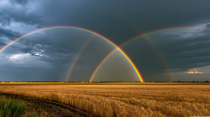 Fototapeta premium Wheat Field Rainbow: Dramatic Stormy Sky Sunset Capturing Nature's Majestic Beauty