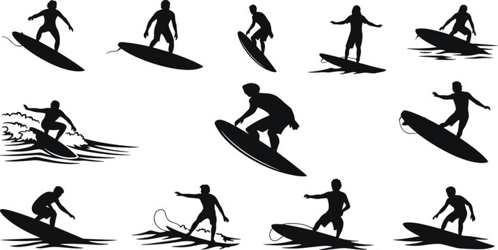 Surfing, silhouette, posture, gesture, wave, board, jump, balance, motion, ocean, beach, setup, recreation, outdoor, tradition, sport, vector, black, pose, flavector