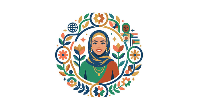 Muslim Woman Portrait in Floral Frame, Diversity, Culture, Global Connection