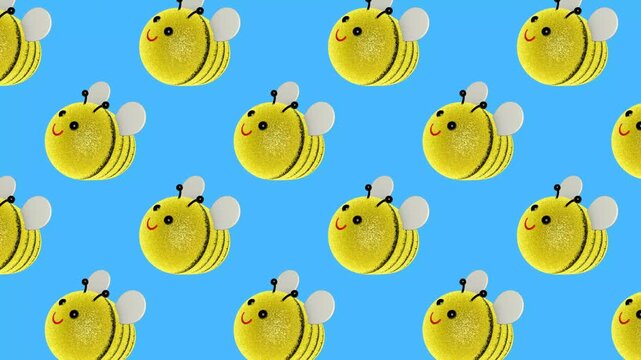 Cute bee pattern on blue background, animated insect backdrop for kids, spring, summer, nursery, wallpaper, textile and social media design, seamless style 3D animation