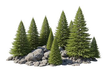 Obraz premium Coniferous trees growing on rocks with natural daylight representing wilderness and nature