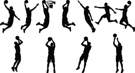 Basketball player silhouettes set with dynamic action poses slam dunking shooting and jumping isolated on white background © MdAbdur