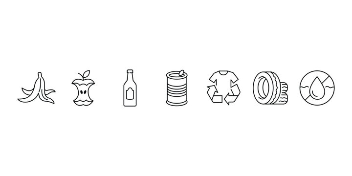 Organic food waste clothing and industrial material sorting vector icon set for sustainable garbage management.
