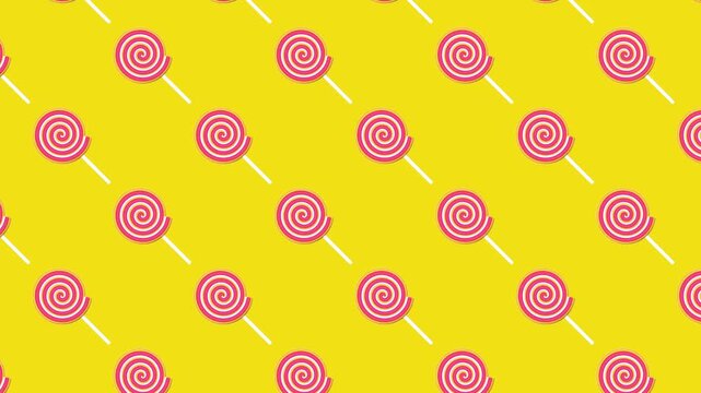 Pink spiral lollipop pattern on yellow background, animated candy backdrop for kids, sweets, wallpaper, wrapping, textile and social media design, seamless style 3D animation