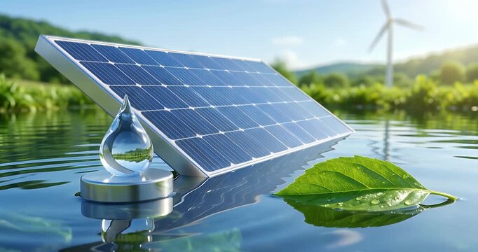 Clean renewable energy concept: Solar panel, wind turbine, and water droplet with green leaf.