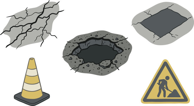 Road Damage Set Featuring Asphalt Pothole Surface Cracks Street Repair Patch Traffic Safety Cone And Construction Warning Sign For Urban Infrastructure Concepts Vector Illustration