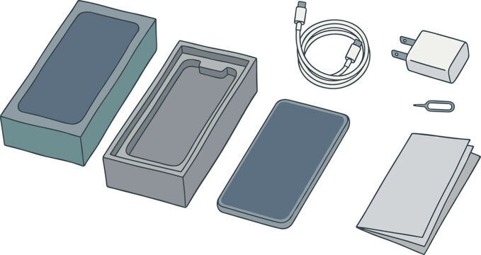Smartphone Unboxing Set Featuring Retail Product Box Type C Charging Cable Wall Adapter SIM Ejector Tool And User Manual For Mobile Technology Concepts Vector Illustration