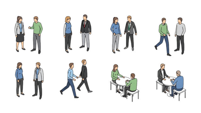 People interacting in business settings with colleagues and friends