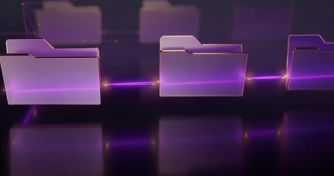 Digital folders with glowing connections representing data management and network infrastructure.