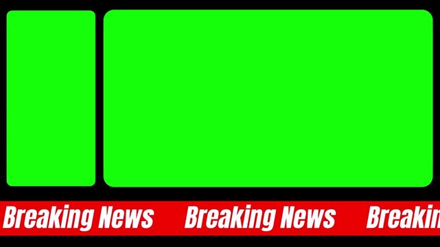 Graphic split screen news template with a red breaking update lower third banner for broadcast information and live video feeds
