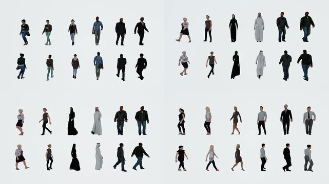 Crowd character reference atlas for green screen compositing with chromakey background and 3d animated cartoon animation style. Pedestrian motion collection for editing scenes transitions.