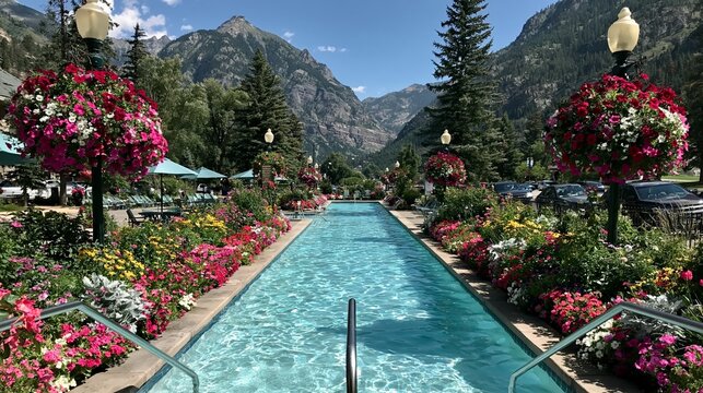 A swimming pool surrounded by flowers and offering mountain views &mdash; a picturesque backdrop for advertising resorts, spa hotels and summer holidays.