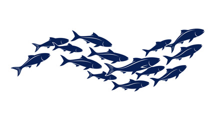 Fototapeta premium School of blue fish swimming in wave formation on white background