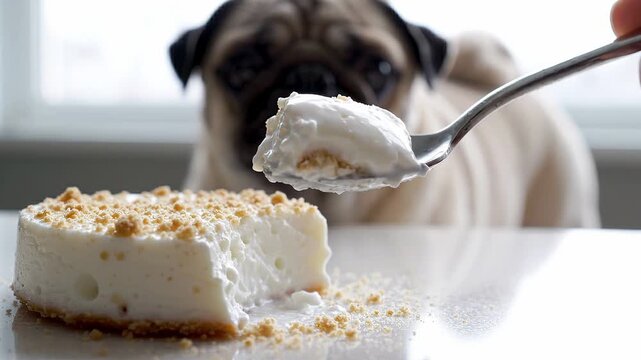 Pug dog eagerly watches as a spoon scoops creamy dessert from a plate, showcasing the dog's anticipation and the delicious treat in a bright indoor setting