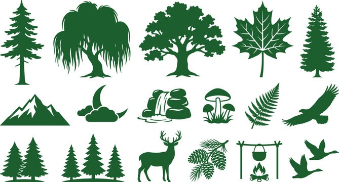 Green Nature Forest Silhouette Set with Trees, Deer, Mountains, Mushroom, and Wildlife Icons for Outdoor and Camping Designs