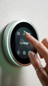 Close-up view of a hand adjusting a smart thermostat display showing temperature settings and Eco Mode indicator in a modern home interior setting