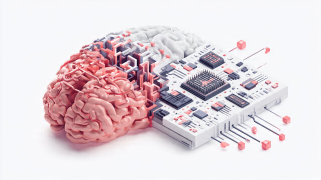 Futuristic Brain-Computer Interface with Artificial Intelligence Circuitry in White Background