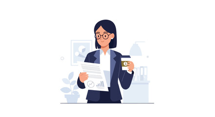 A professional woman wearing a suit and glasses stands in her office, holding a coffee cup while reviewing a business report with charts. © Samsul