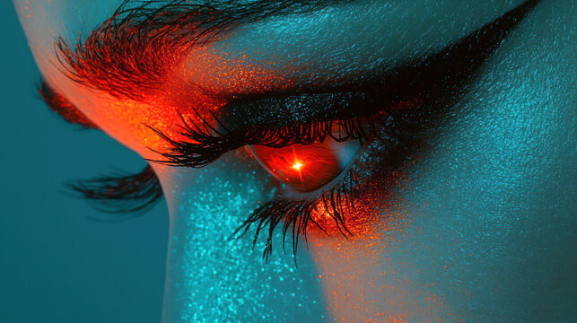A dramatic eye close-up reveals intense expression with red and blue lighting highlighting detailed makeup and long lashes, creating a captivating portrait.