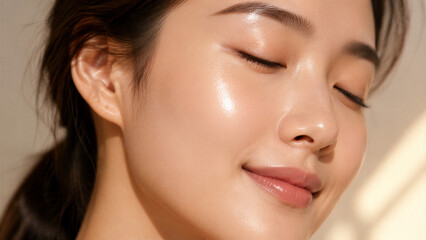 Obraz premium Asian woman with glowing skin smiling with closed eyes in studio