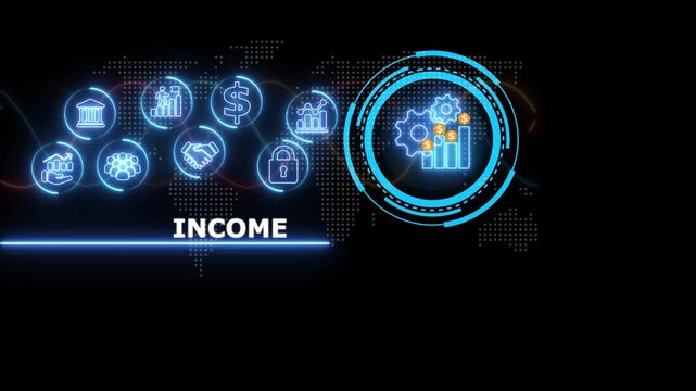 Digital interface with glowing blue business and the word income displayed over a dark background with a subtle map pattern and gear