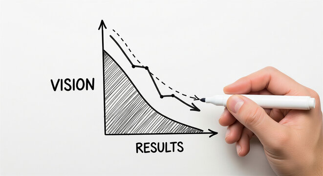 Business vision and results graph, hand drawing declining performance chart on white background, financial failure and loss concept