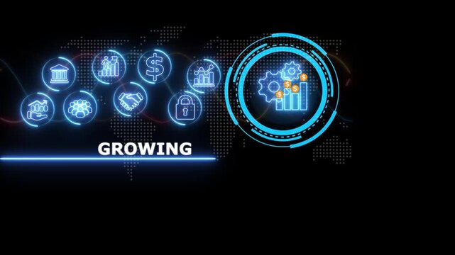 Digital business growth concept with glowing blue neon and a central gear mechanism on a dark background with a subtle map pattern