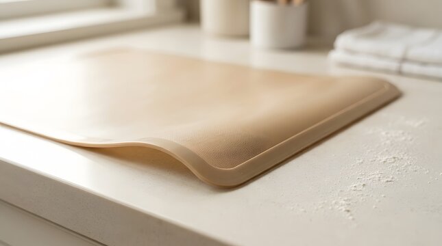 Beige Silicone Baking Mat on Kitchen Counter with Flour Dust