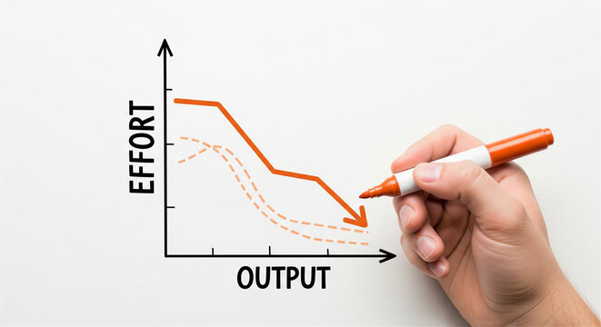 Effort and output business graph, hand drawing declining arrow on whiteboard, concept of diminishing returns and low productivity