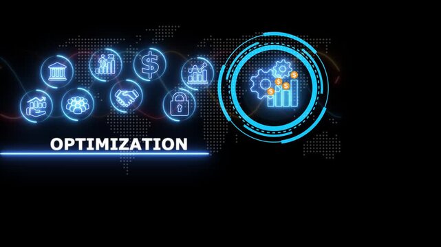 Optimization digital concept with glowing blue neon and circular gear interface on a dark background with a subtle map pattern overlay