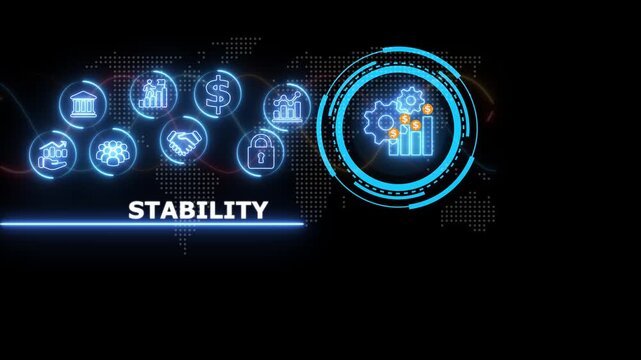 Digital neon featuring the word stability with glowing blue business and a circular gear chart against a dark background