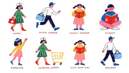 Fototapeta premium Hand drawn vector illustration set of people of various occupations and daily life activities isolated on white background