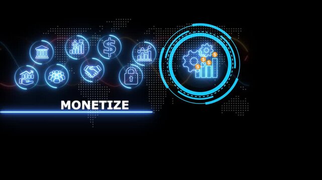 Digital business monetization concept featuring glowing blue neon and financial growth charts on a dark background with map overlay