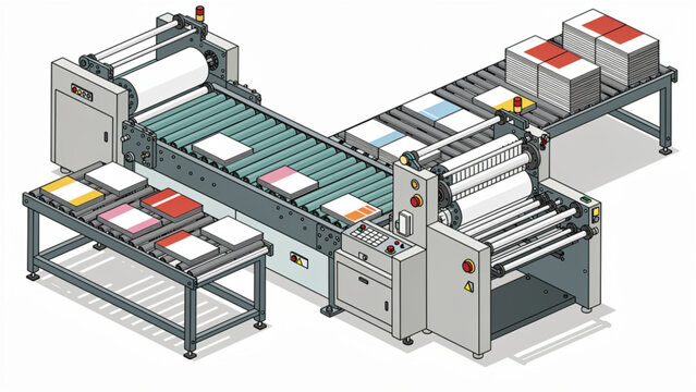 Industrial Printing Machine with Colorful Paper Sheets in a Factory Setting