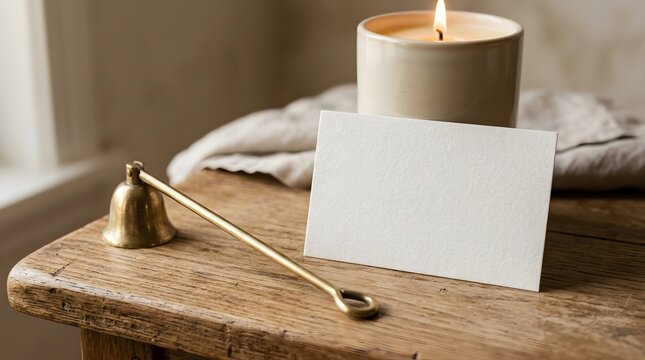 Candle with Blank Card and Brass Snuffer on Wooden Table