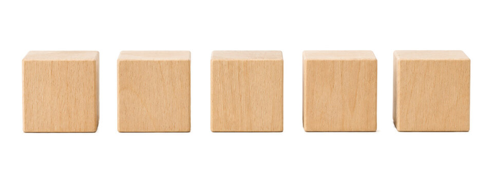 Five blank wooden cubes arranged in a horizontal row on a light gray background, isolated and evenly spaced. Natural wood texture, minimalist design, clean composition, and versatile copy space 